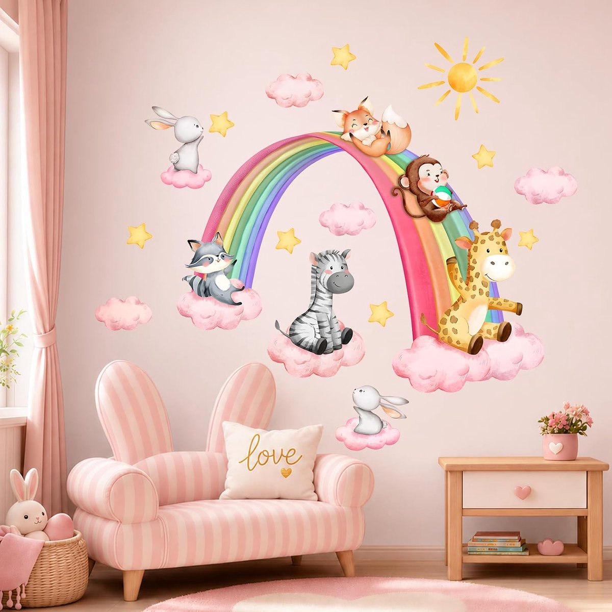 Muurstickers dieren en regenbogen - kleurrijke wanddecoratie - schattige giraf, vos en konijn - ShopVlot