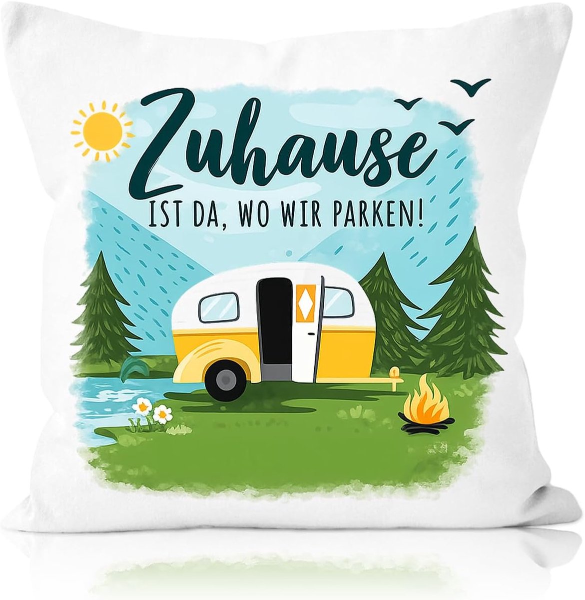 Camping kussenhoes 45 x 45 cm - perzik velours - met tekst - ideaal als cadeau voor kampeervrienden - ShopVlot