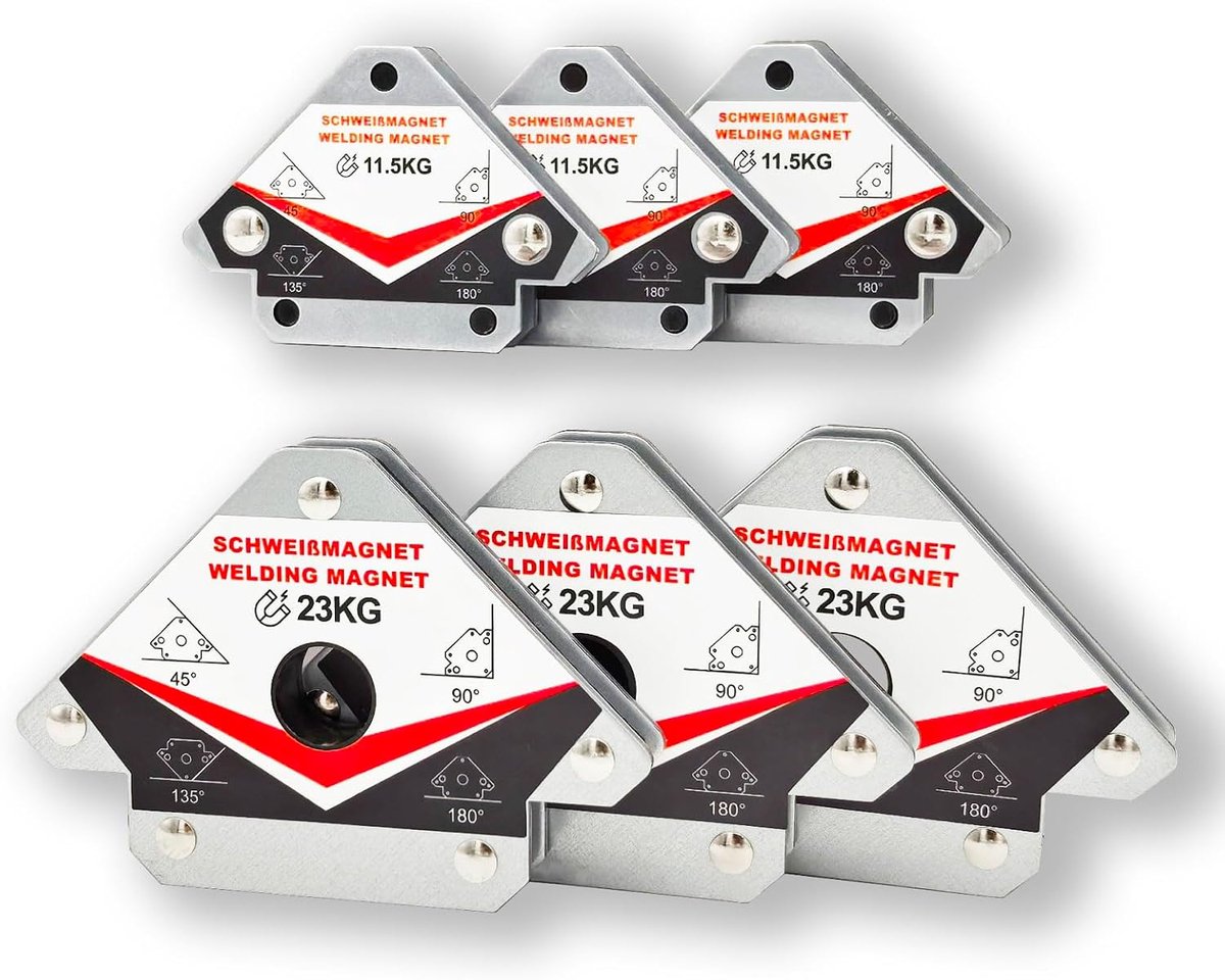 Lasmagneten set van 6 - 3 magneten 23 kg & 3 magneten 11,5 kg - 45°, 90° & 135° hoek - precisiewerk bij lassen - ShopVlot