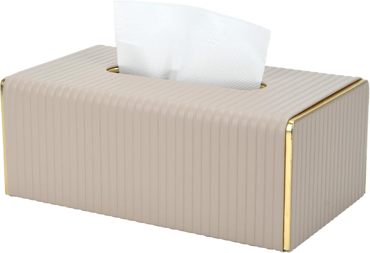 Cosmeticadoekjesdoos 25 x 14 x 10 cm - PU-leer - beige met gouden rand - decoratieve tissuedoos voor woonkamer - ShopVlot