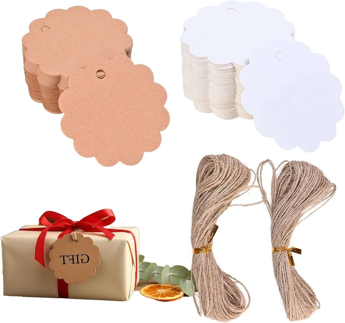 Set van 200 Kraft Papieren Cadeaukaarten, Witte Papieren Labels voor Cadeaus, Rond en Geschikt voor Feestdagen en Creatieve DIY Projecten