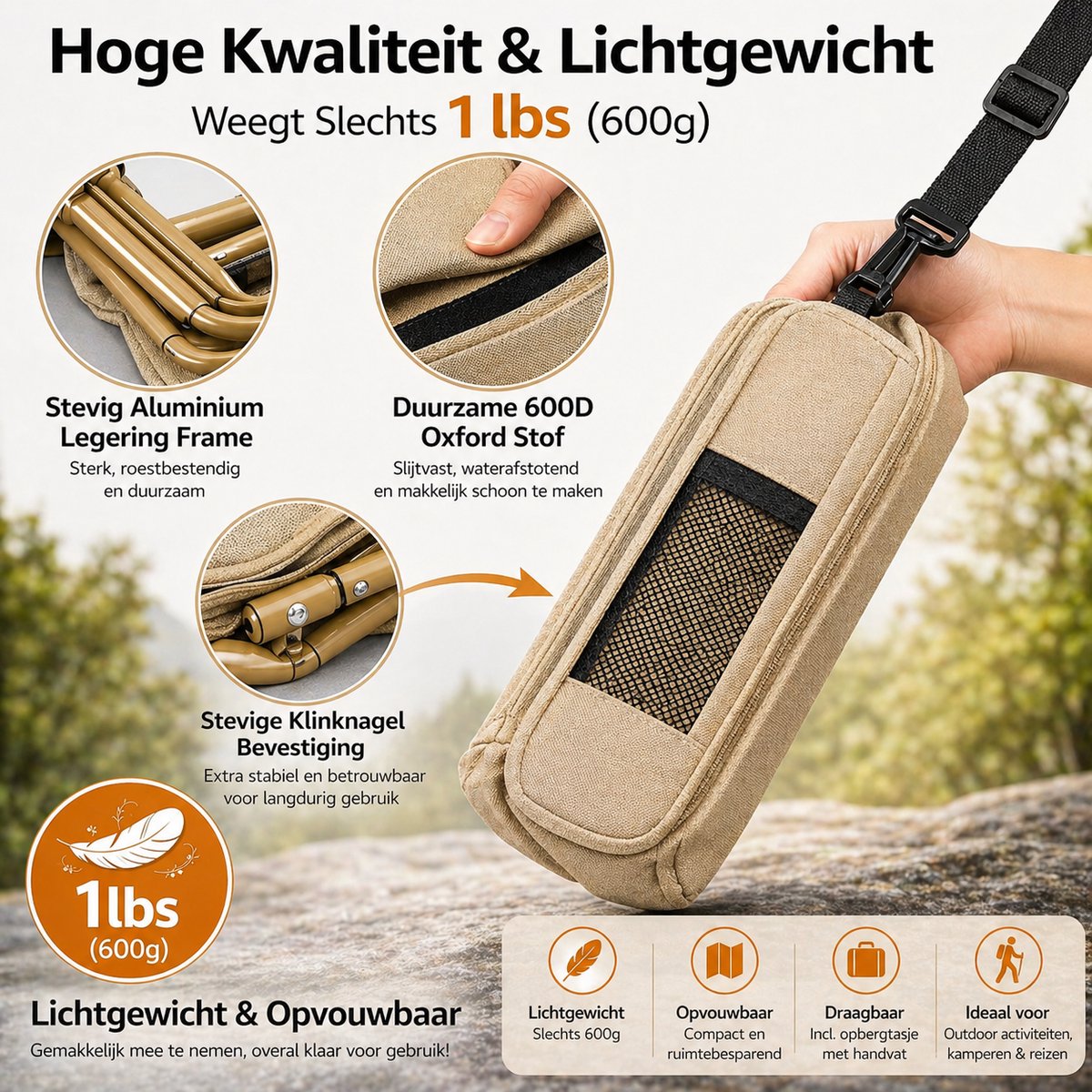 Heuts Goods - Mini Campingstoel - Vouwstoel - Campingstoel Opvouwbaar - Strandstoel - Kampeerstoel - Makkelijk Draagbaar - Inklapbaar - Lichtgewicht - Beige — cadeau in Sport & Outdoor - foto 5