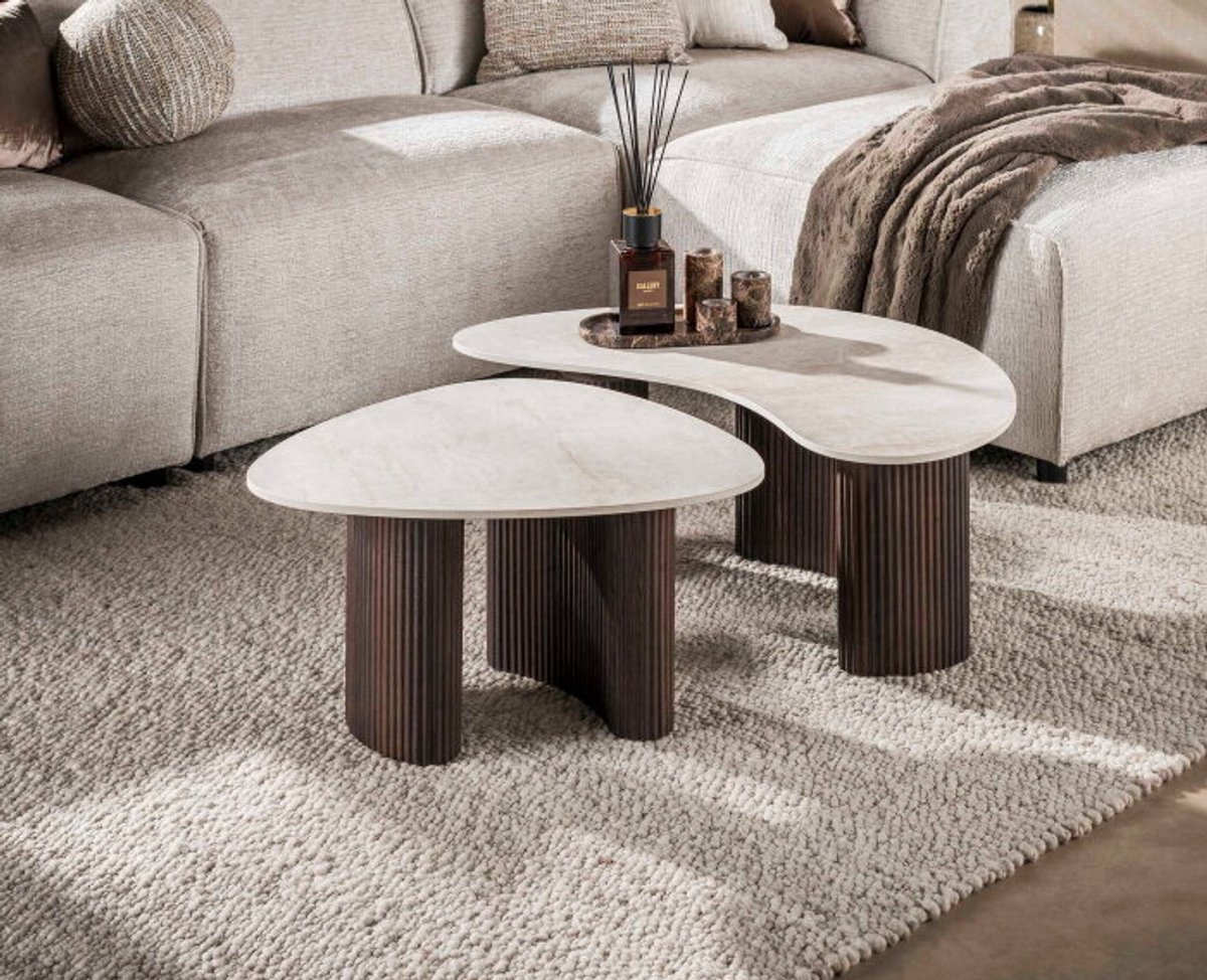 Meubelplaats Salontafel Milano organisch set van 2 - 3d keramiek Taj mahal marmer - Japandi - 88x54x35 cm Wit