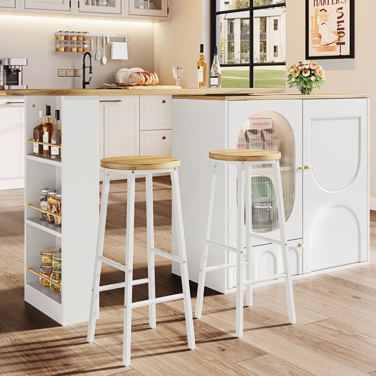 OKWISH Bartafelset 138 204 x 39 x 105 cm - Met Opbergruimte En 2 Barkrukken - Keuken En Eethoek - MDF En Metaal - Wit
