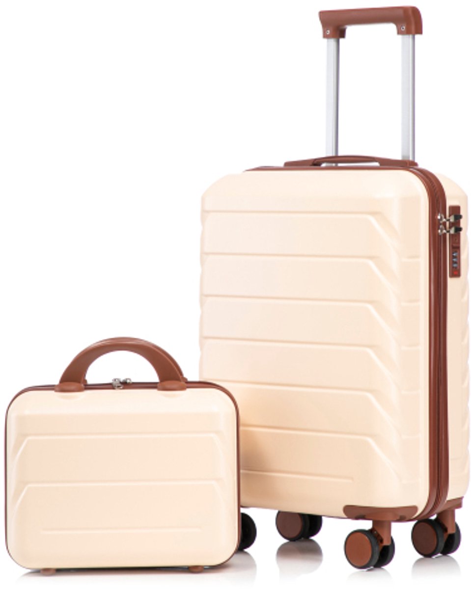 ROLIPO Kofferset 2-delig 14/19 inch - ABS harde schaal - Spinner wielen & cijferslot - 14 inch beautycase beige