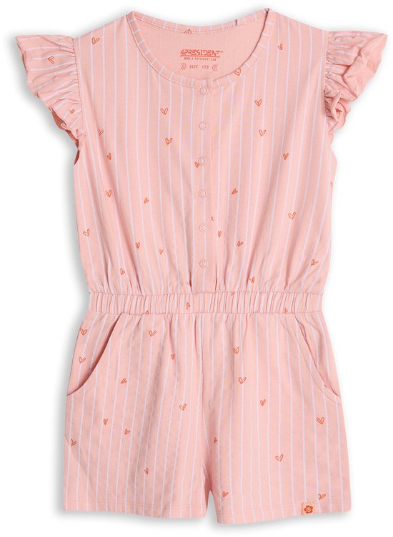 Roze playsuit met verticale strepen en kleine hartjesprint. Met ruches aan de mouwen en drukknoopjes aan de voorkant.