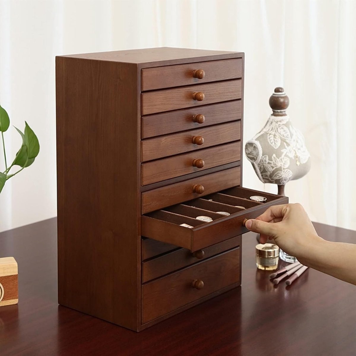 Opbergbox Met Lades - Houten Kist - Juwelen Opbergen - 10 Uittrekbare Lades - 30x19.5x46cm - Bruin