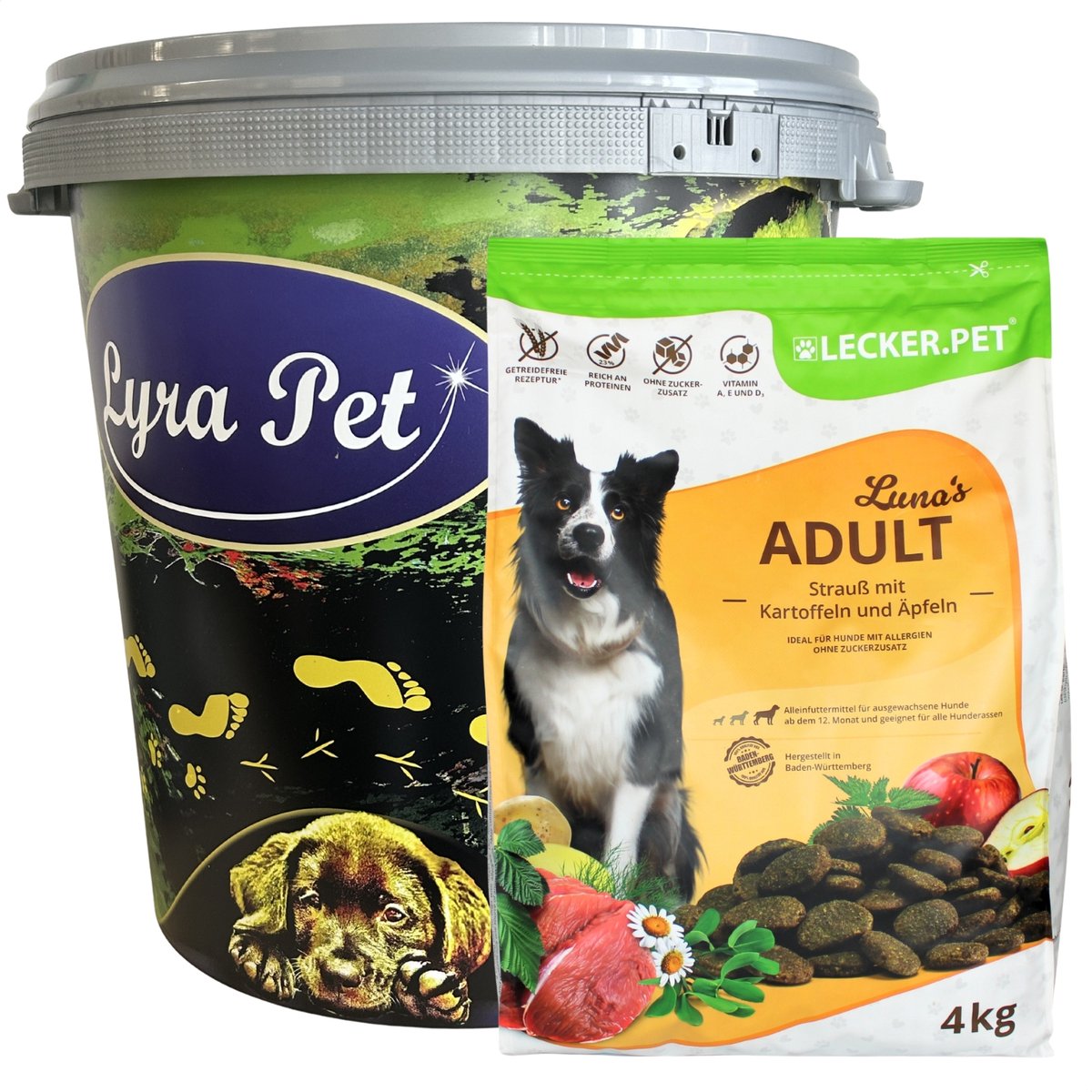 Lyra Pet 4 kg Lecker.Pet® Luna's Adult Strauß mit Kartoffel & Apfel Hundefutter Trockenfutter Vollnahrung in 30 L Tonne