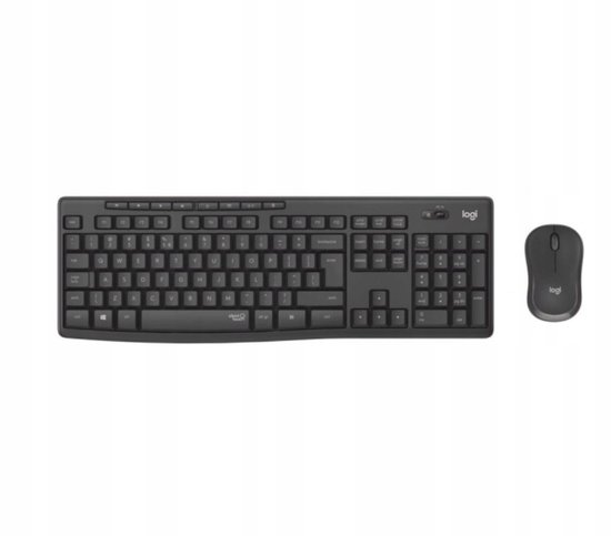 Zwart Logitech draadloos toetsenbord en muis met USB-ontvanger, op witte achtergrond.