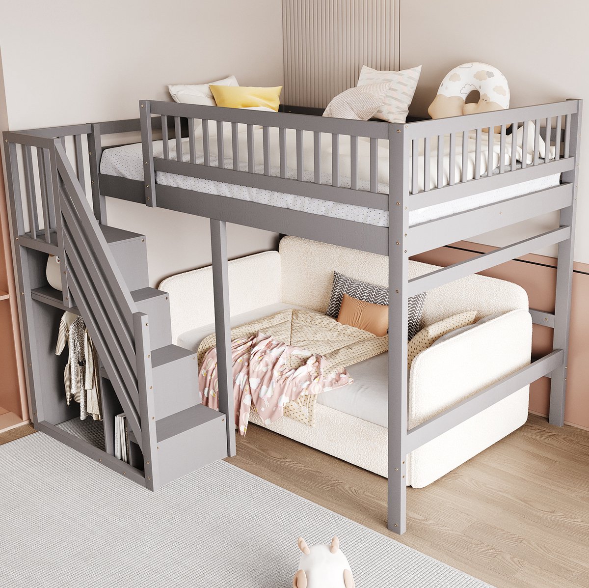 MEUNIQ hoogslaper 140x200 met trap en opbergruimte, kinderkamerbed van hout en MDF, grijs, met hoge veiligheidsrand