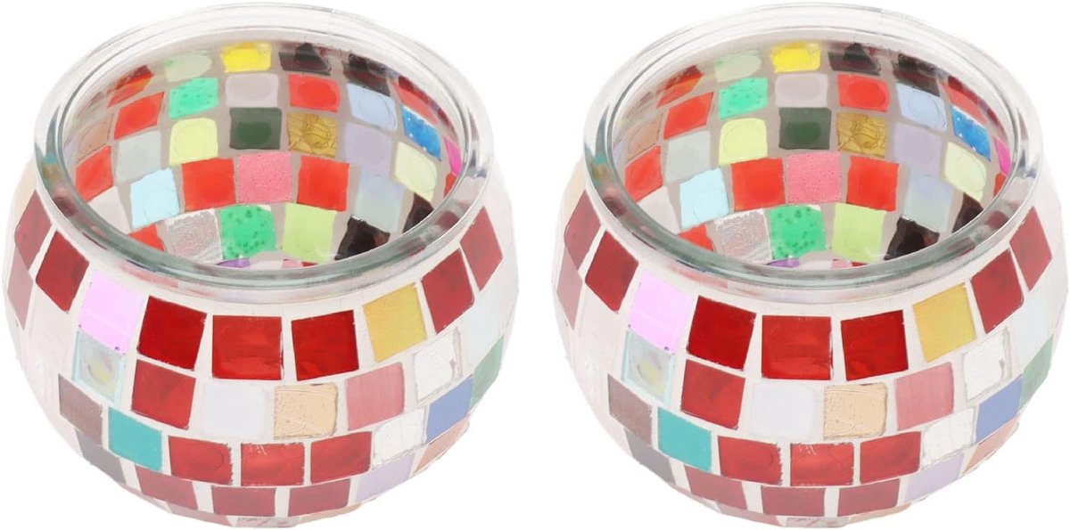 Mozaïek Theelichthouder - Glazen Kaarsenhouder - Sfeervol Interieur - Uniek Kleurpatroon - 24 x 13 x 9 cm - Multicolor