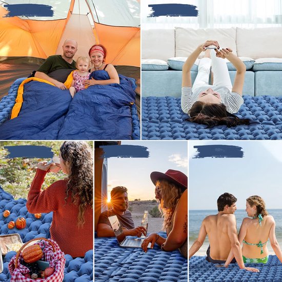 Tweepersoons Campingmatras Met Kussen - Opblazen Met Voetpedaal Geen Pomp Nodig - Waterdicht 40D Nylon + Tpu - Scheurvast En Compact - Voor Buitengebruik En Gasten - Blauw — afbeelding 4