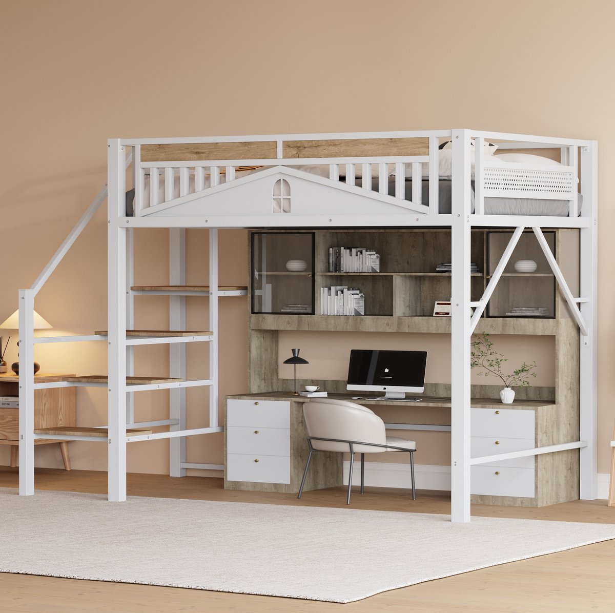 MEUNIQ Hoogslaper 140 x 200 cm met trap, uitvalbeveiliging en opbergruimte onder het bed, metalen bedframe voor slaapkamer of kinderkamer, wit White