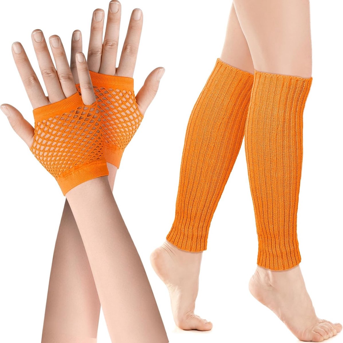 Neon Legwarmers en Net Handschoenen Set voor 80s Kostuumaccessoires - Oranje, One Size, Perfect voor Carnaval en Feestjes