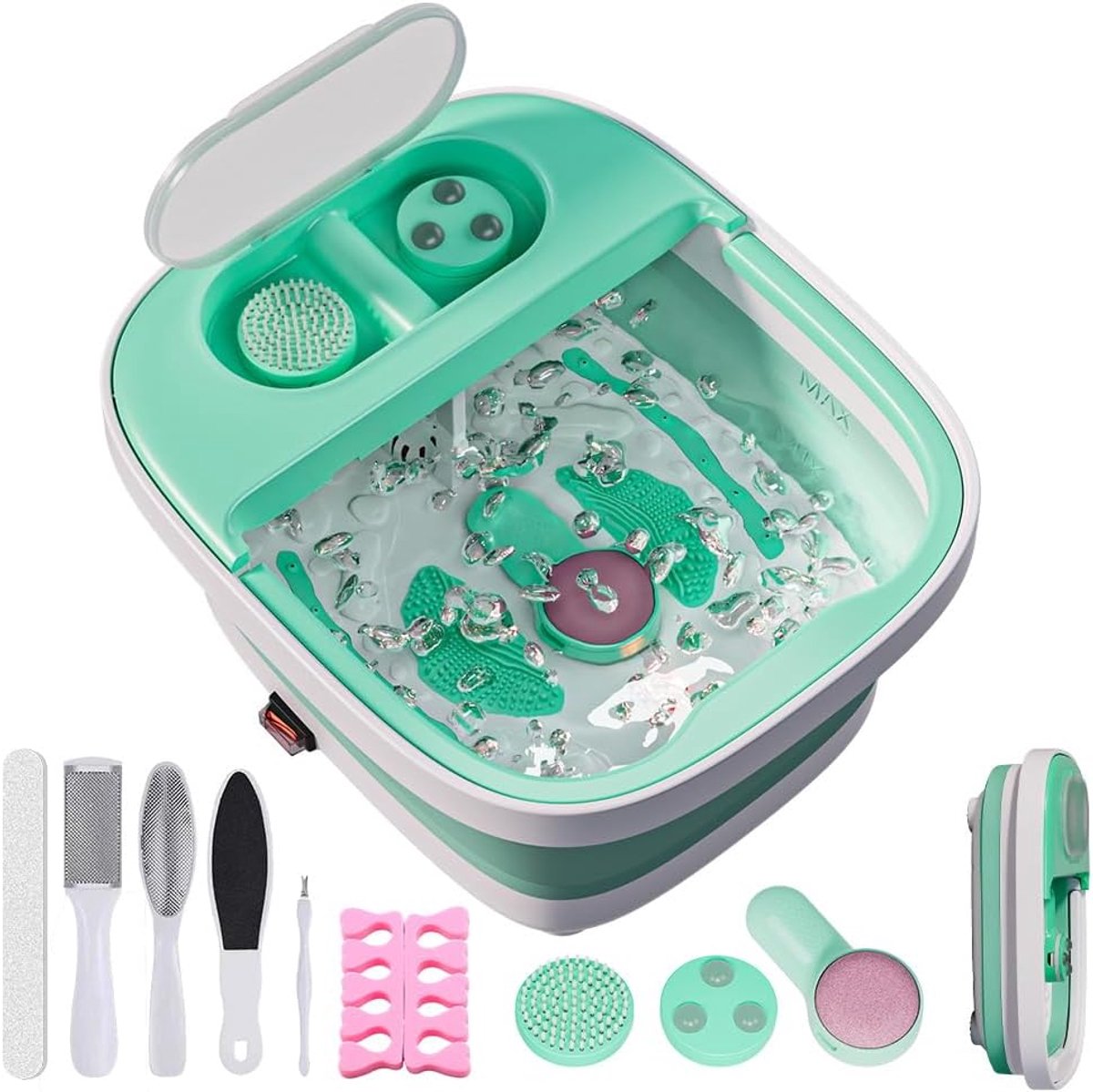 Folding Foot Massager with Heater, 3 Pedicure Attachments, Blow Function, Pedicure Foot Bath with Pedicure Set and Stress Relief Handle