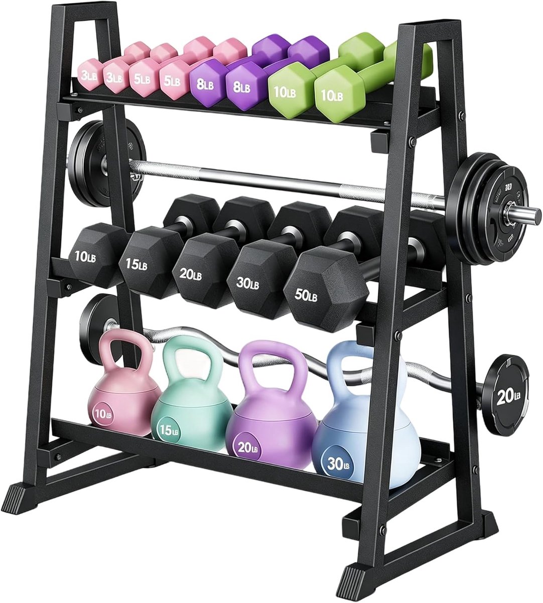 Verstelbaar halterrek met 3 niveaus – gewichtsrek met een draagvermogen van 1300LB voor de thuisfitnessruimte – robuust opbergrek – voor halters, kettlebells, halterstangen en gewichtsschijven – duurzaam H-frame-ontwerp – zwart