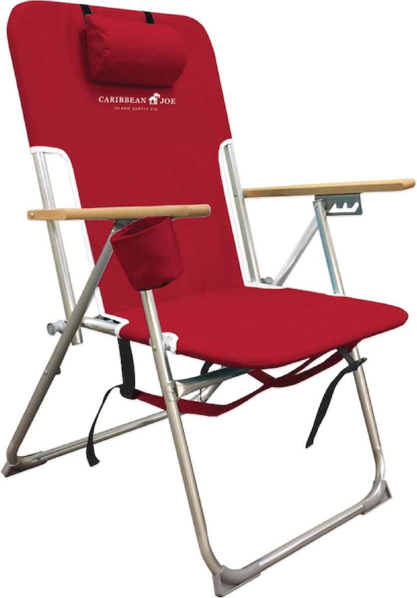 SnelShoppen - Opvouwbare Strandstoel Rugzak met 4 Posities, Campingstoel met Hoofdsteun, Bekerhouder en Houten Armleuningen, Rood, 33,5" D x 3" B x 25