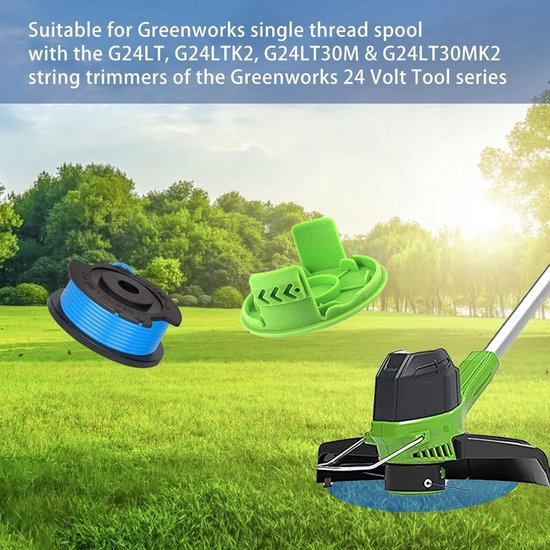 Trimmerdraad 4.9m lang 1.65mm voor 24V grasmaaiers, geschikt voor diverse modellen (4 spoelen + 1 dop) — afbeelding 5