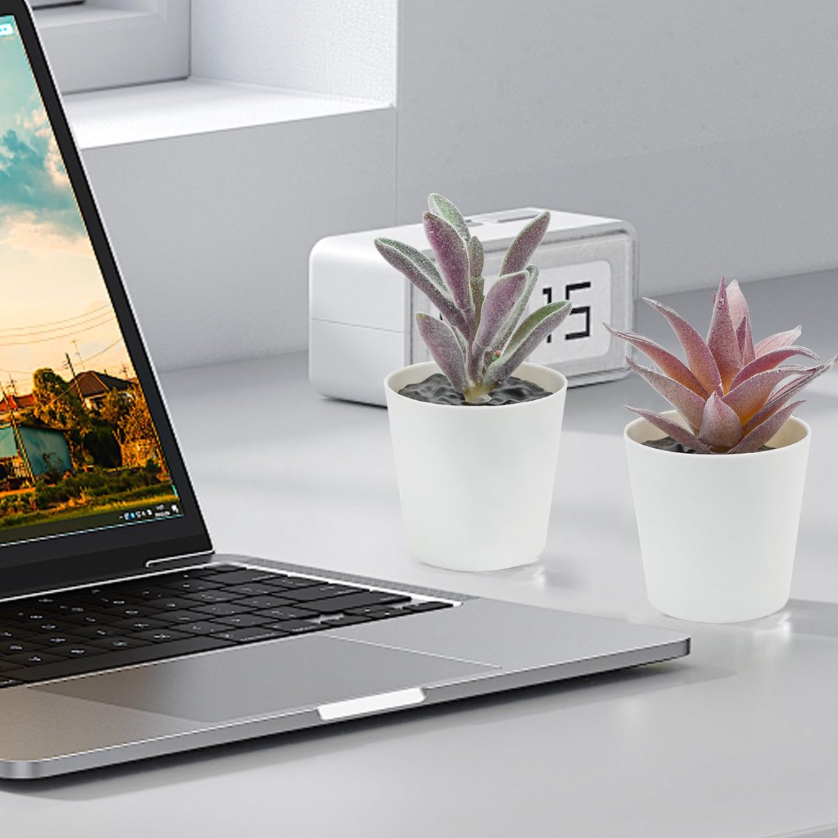 SnelShoppen - Set van 6 Kunstvetplanten in Potten - Faux Vetplanten voor Bureau, Slaapkamer, Vensterbank en Kantoor - Groene Woondecoratie