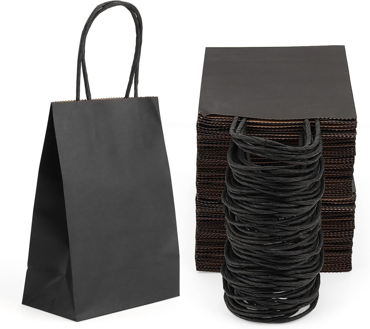 50 Stuks 15x8x21cm Zwarte Papieren Cadeautassen met Handvatten, Kraft Papieren Tassen voor Feestjes, Verpakking en Winkelen