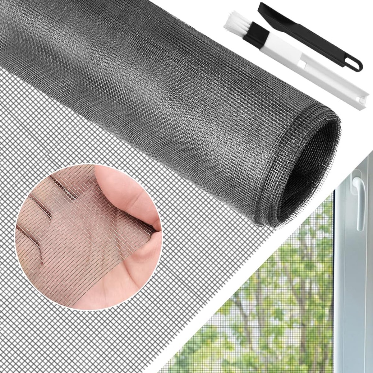 SnelShoppen - Vliegengaas per meter, glasvezelgaas, insectenbescherming voor ramen en deuren, 150 x 150 cm, grijs, UV-bestendig, inclusief raamreinigi