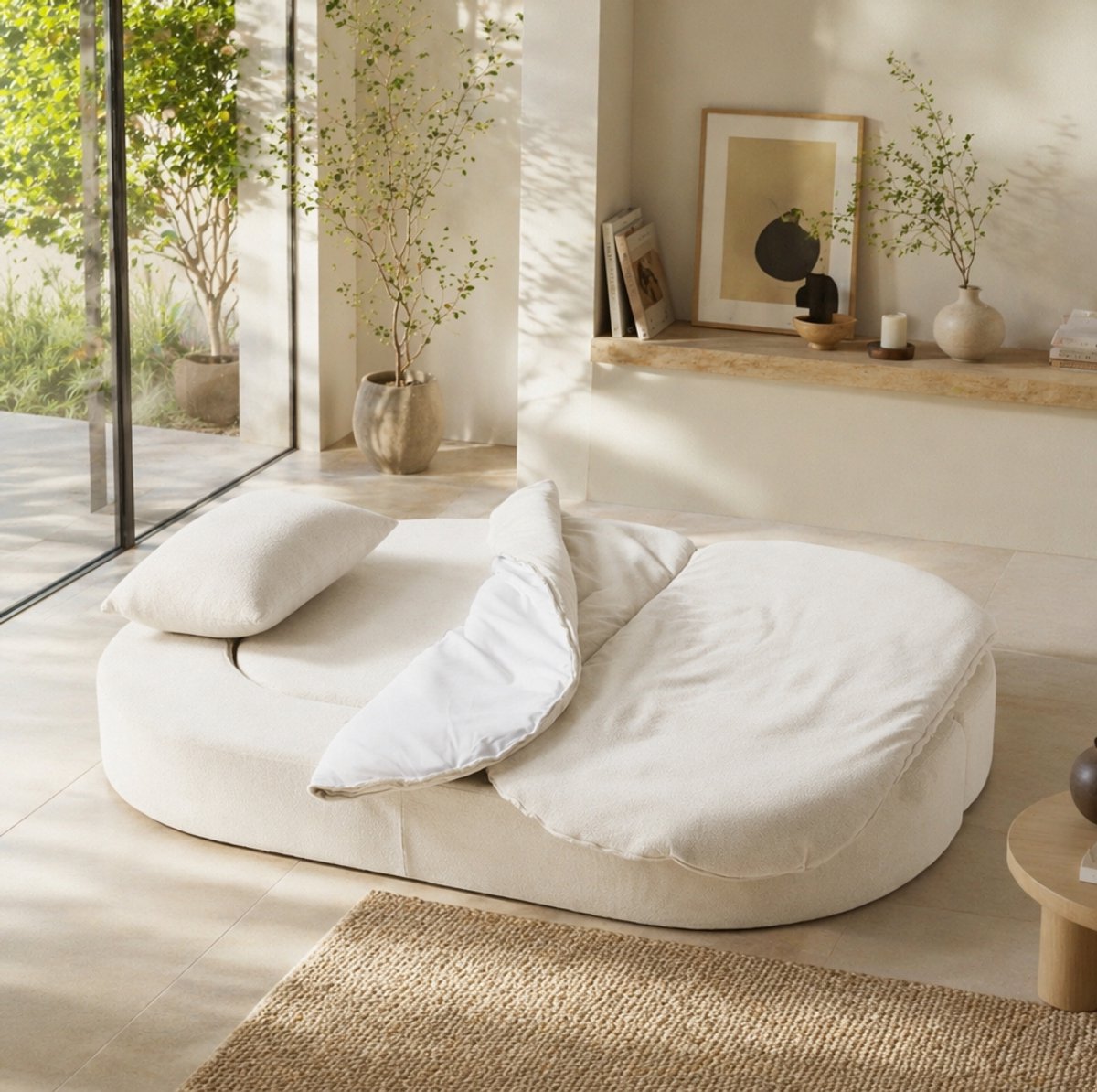 OKWISH Slaapbank 200 x 130 cm - Opvouwbare 2-Zits Bank En Bed In Een - Zonder Montage Voor Woonkamer Of Logeerkamer - Flanel - Off White Gebroken wit