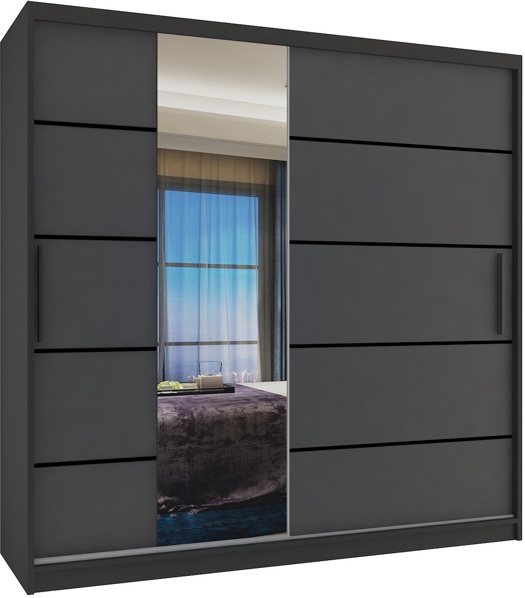 BELINI Verona MBP Schuifdeurkast 200 cm Zwart/Grijs Mat - Kledingkast met Spiegel - Comfort Line Slaapkamerkast