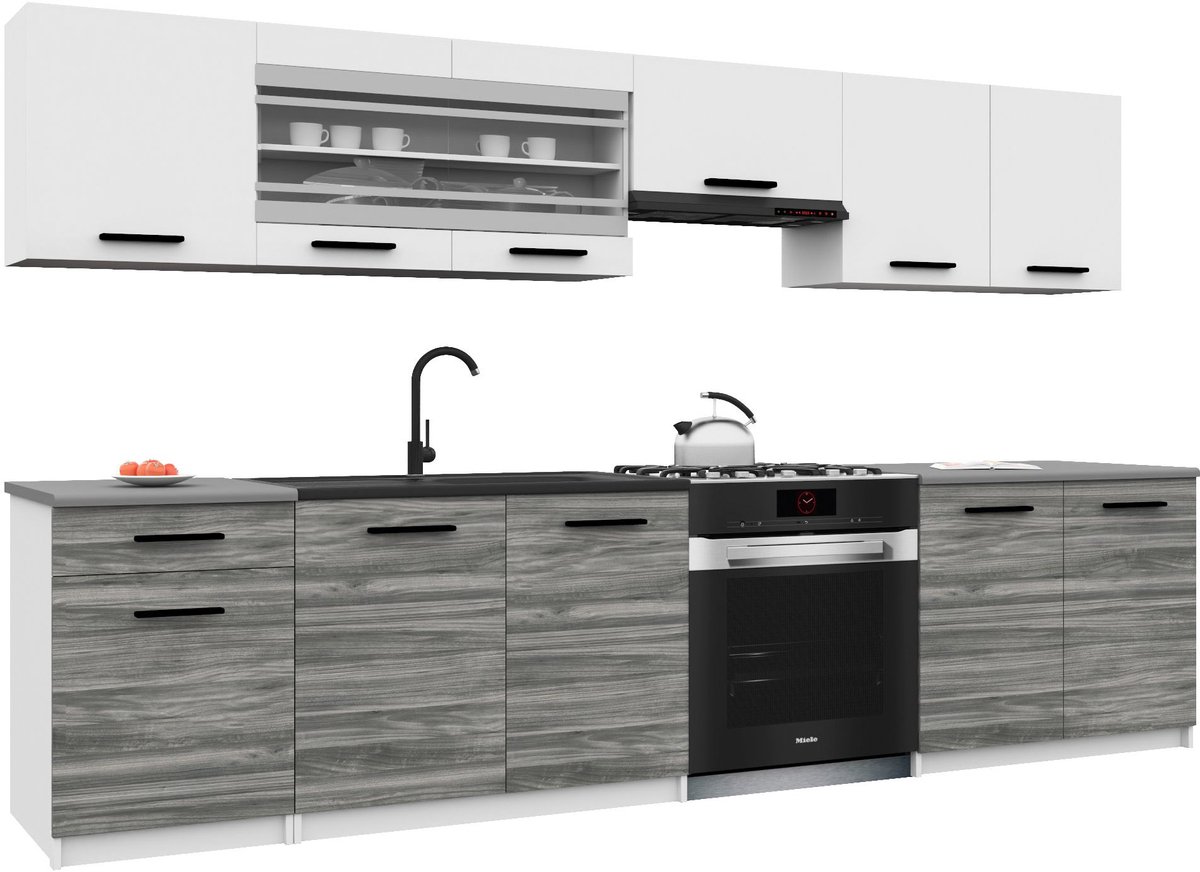 BELINI Keukenblok ITALIA 4 - Keukenmeubel Set 260 cm Wit-Grijs Glamour Mat met Werkbladen - Boven- en Onderkasten