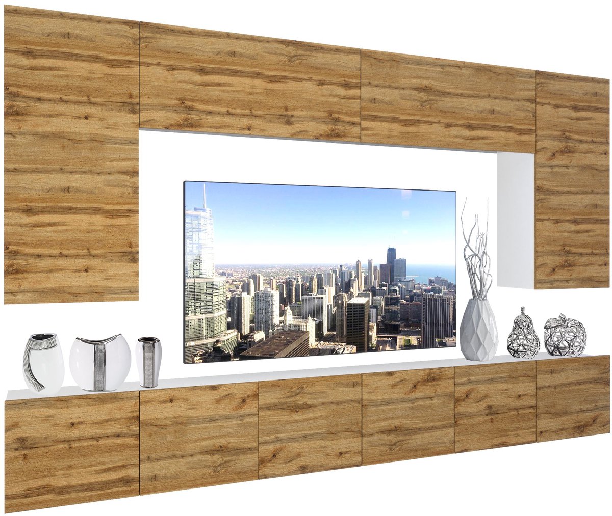 BELINI Wandmeubel NEX 2 - TV-Wandkast Set met LED-Verlichting Wotan Eiken - Hoogglans Fronten