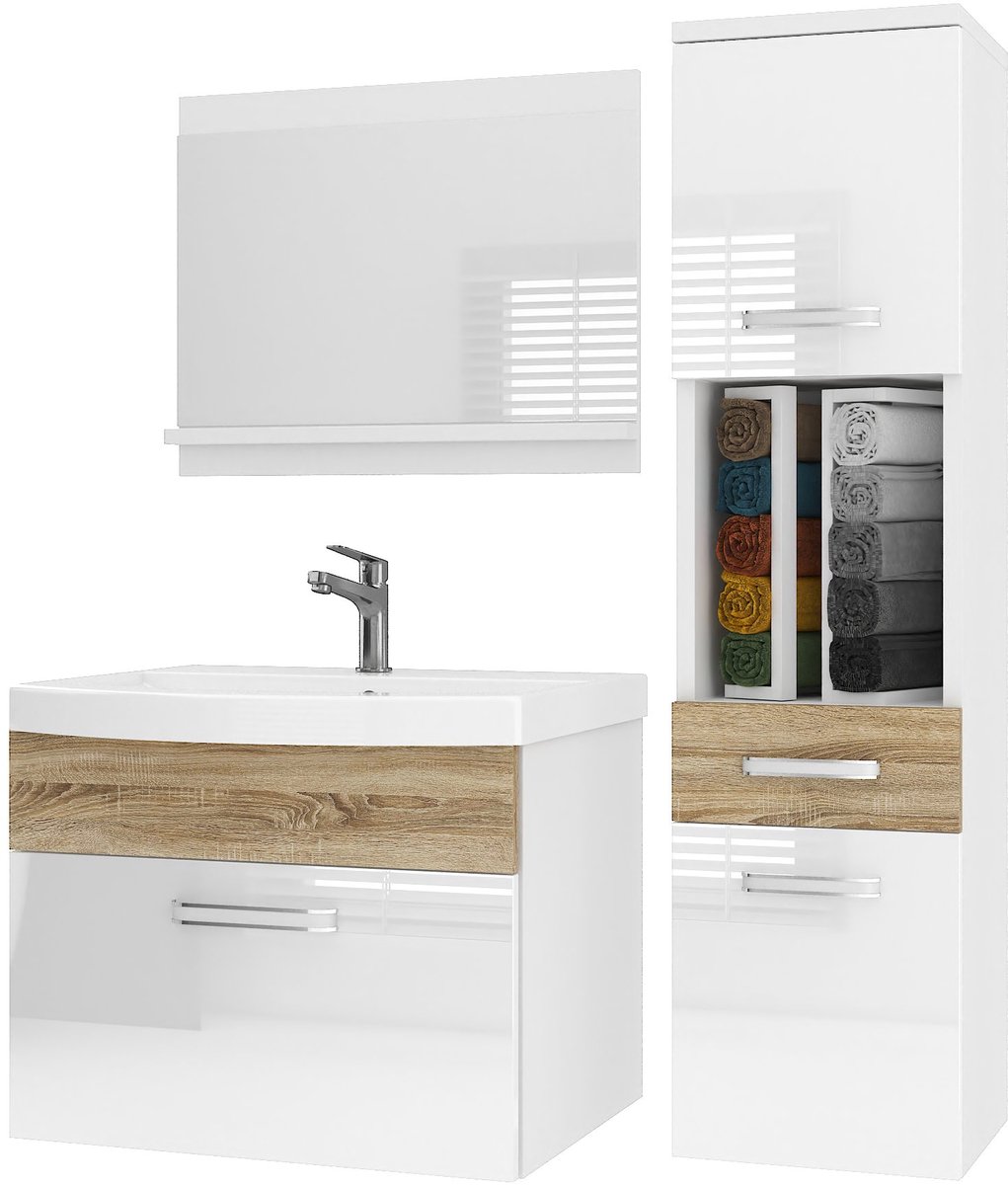 BELINI Badkamermeubel Set PRI PM3 - Badmeubelset 90 cm Wit/Sonoma Eiken Hoogglans met Wastafel en Spiegel - Wandmontage