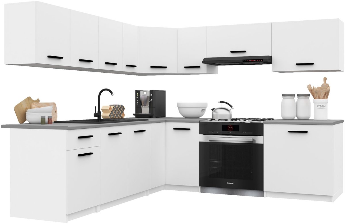 BELINI Keukenblok ITALIA 7 - Keukenmeubel Set 420 cm Wit Mat met Werkbladen - Boven- en Onderkasten