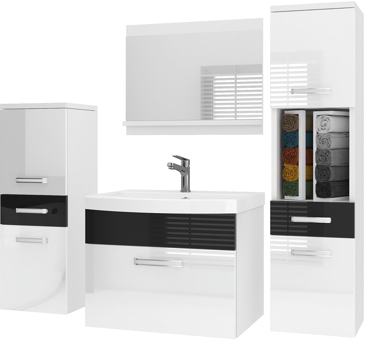 BELINI Badkamermeubel Set PRI P5 - Badmeubelset 120 cm Wit/Zwart Hoogglans met Wastafel en Spiegel - Wandmontage