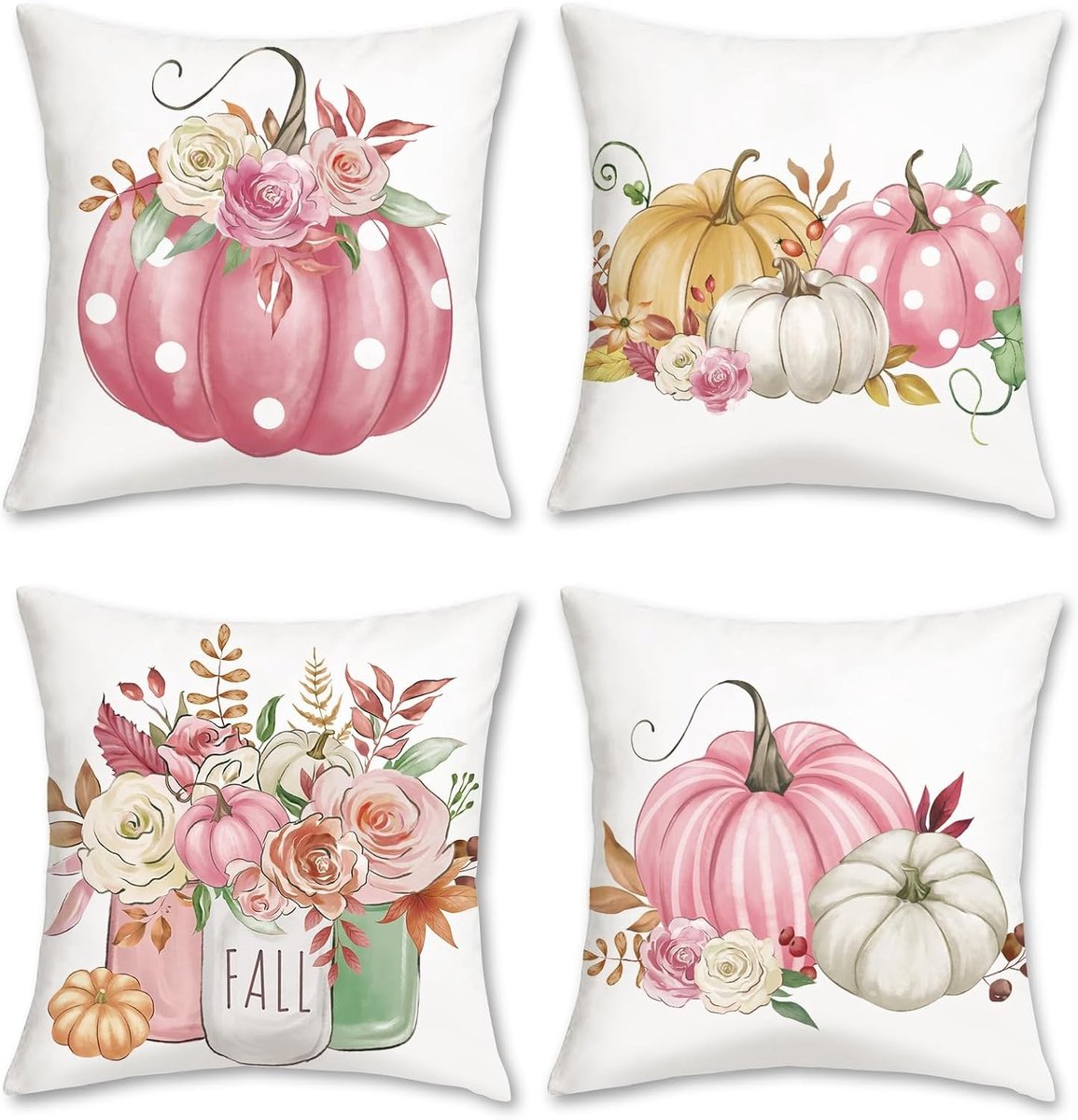 Decoratieve Kussenslopen 45 x 45 cm met Roze Pompoenen en Bloemen van Velvet - Set van 4 voor Woonkamer en Bank