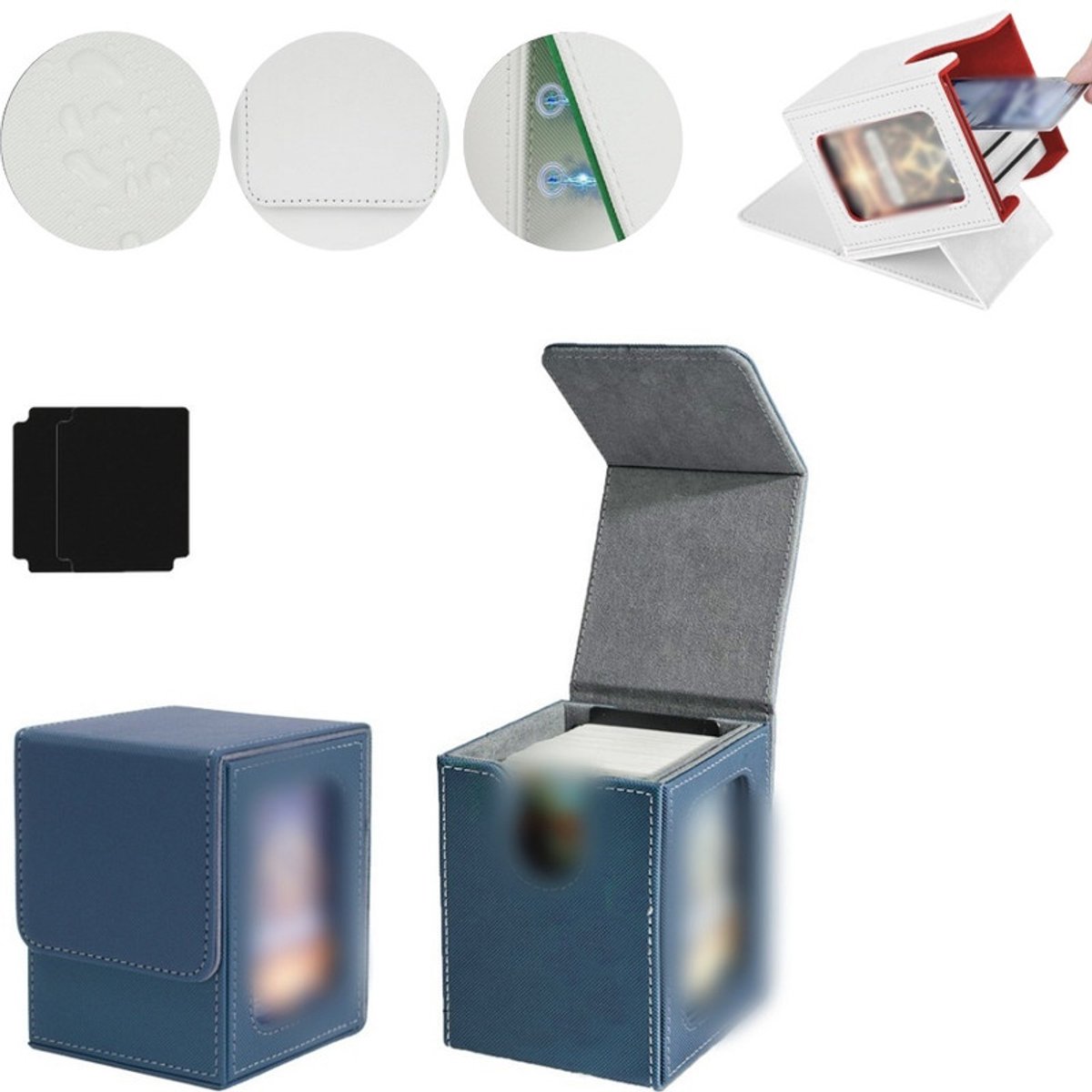 Kaartenopbergdoos – Magnetische TCG-displaydoos – Geschikt voor 100 kaarten met dubbele sleeves – Verticale deckbox van PU-leer – Verzameldoos met kijkvenster – 8,5 x 9,5 x 11,2 cm