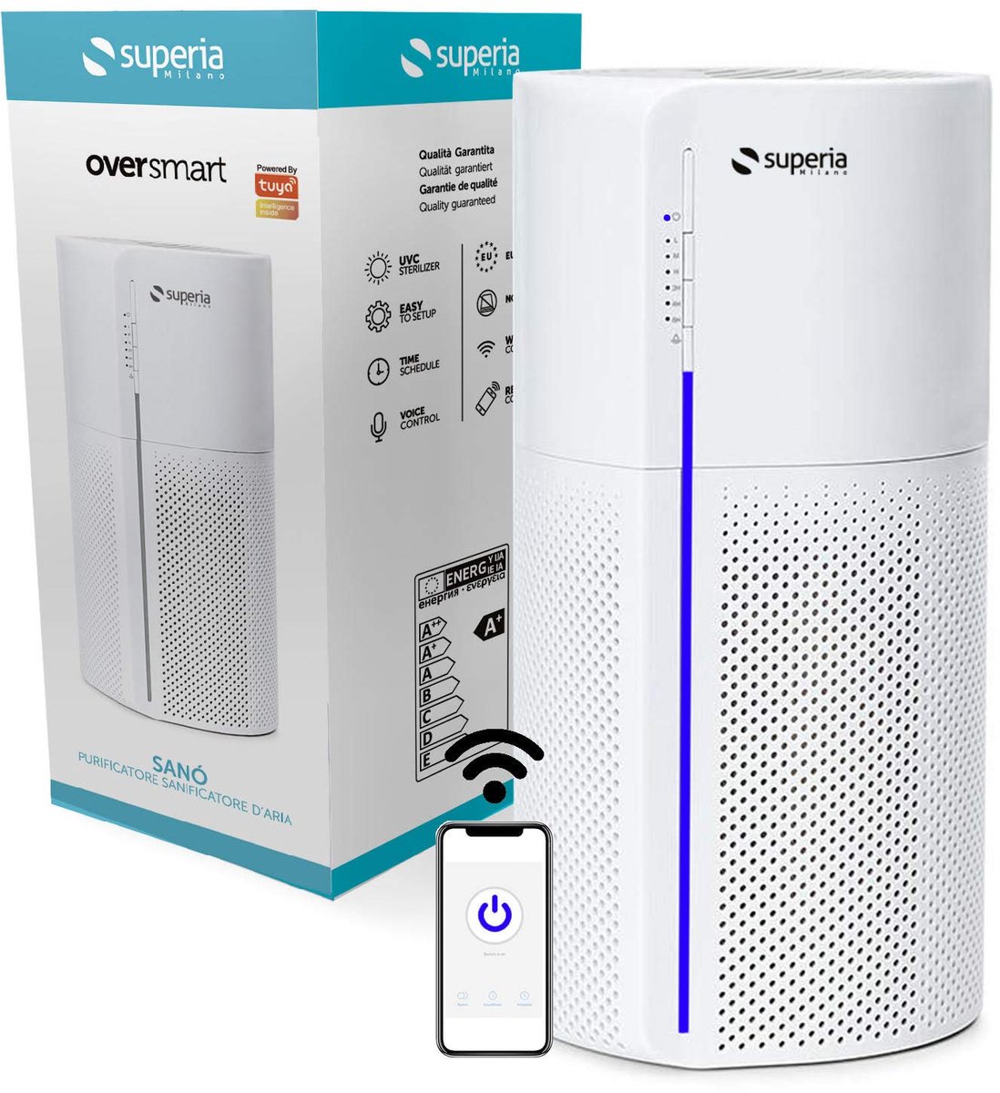 SnelShoppen - Superia Sanò Luchtreiniger met UVC-desinfectieapparaat, Smart Alexa & Google, HEPA-filter, 4 standen, geurverwijdering, stof en pollen v