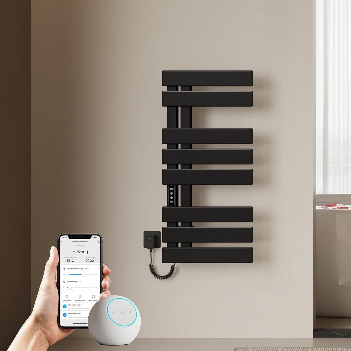 SnelShoppen - Elektrische badkamerradiator 850 x 400 mm, intelligente handdoekradiator met wifi-app bediening, timer, thermostaat, wandmontage, 230 wa