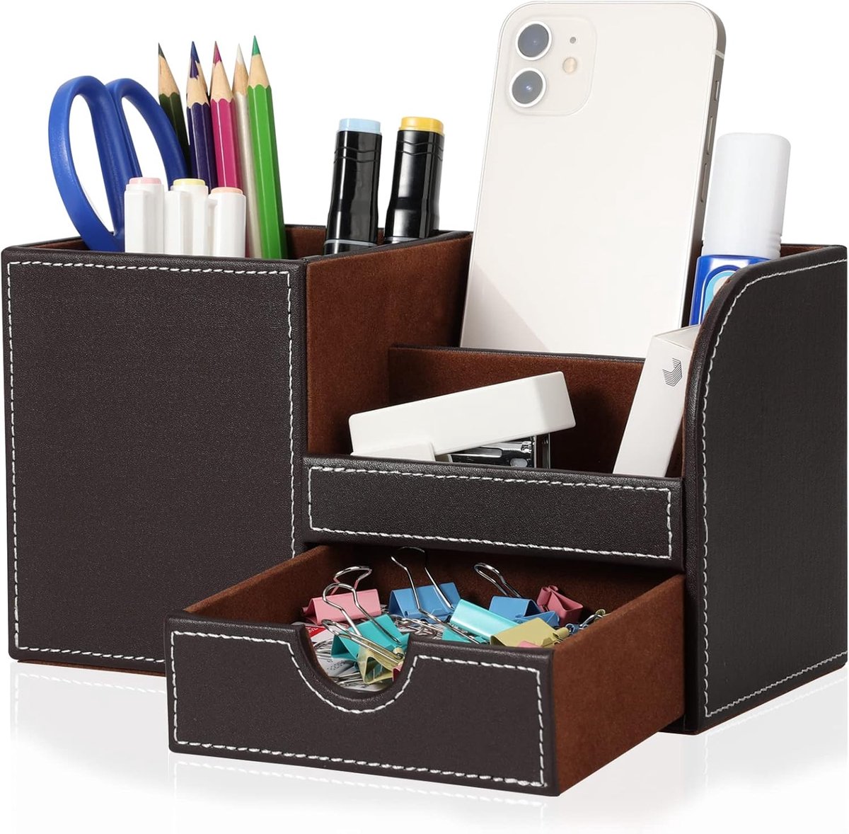 SnelShoppen - GORESE Bureau Organizer Pen Houder - PU Lederen Kantoorpotloodhouder - Pennenkoker Desktop Bureau Accessoires - Bruin - Voor Kantoor en