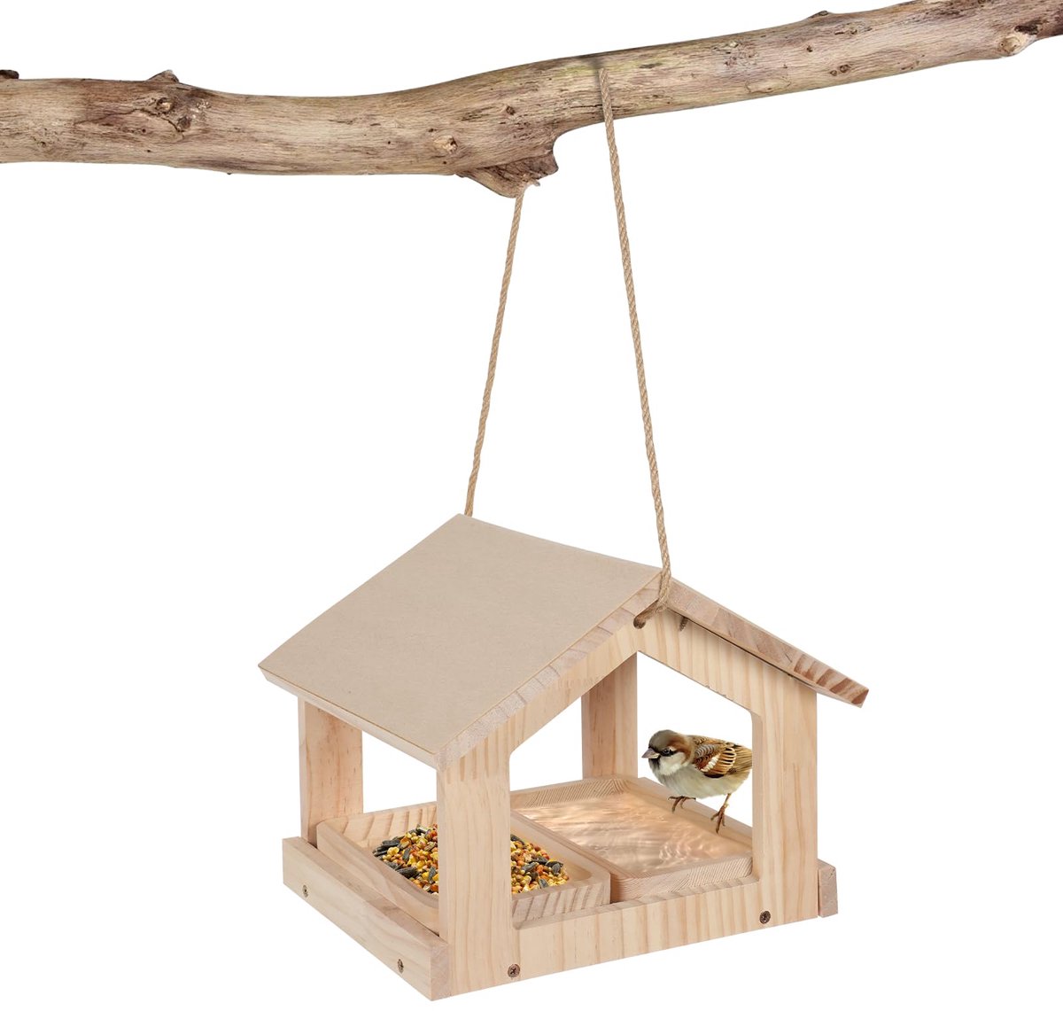 SnelShoppen - Vogelvoederhuisje Hout voor Kleine Wilde Vogels - Weerbestendig Hangend Voederstation met 2 Voederbakjes voor Tuin en Balkon - Natuurlij