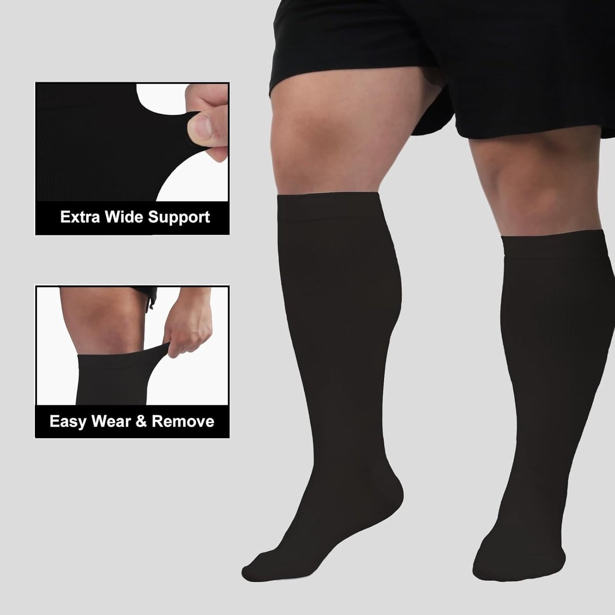 Plus Size Compressiekousen voor Dames en Heren - Medische Steunkousen voor Wijde Kuiten, Kniehoog, 20-30mmHg, Ideaal bij Spataderen en Zwelling tijdens de Zwangerschap, 1 Paar