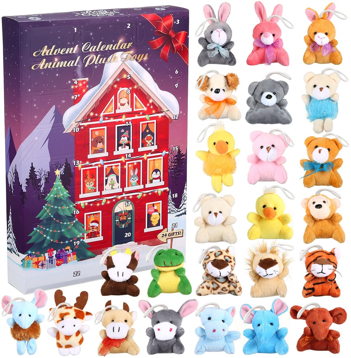 SnelShoppen - Moncolis Adventskalender 2024 met 24 Pluche Dieren en Sleutelhangers voor Kinderen - Aftelkalender met Kleine Cadeaus en Kerstdecoratie