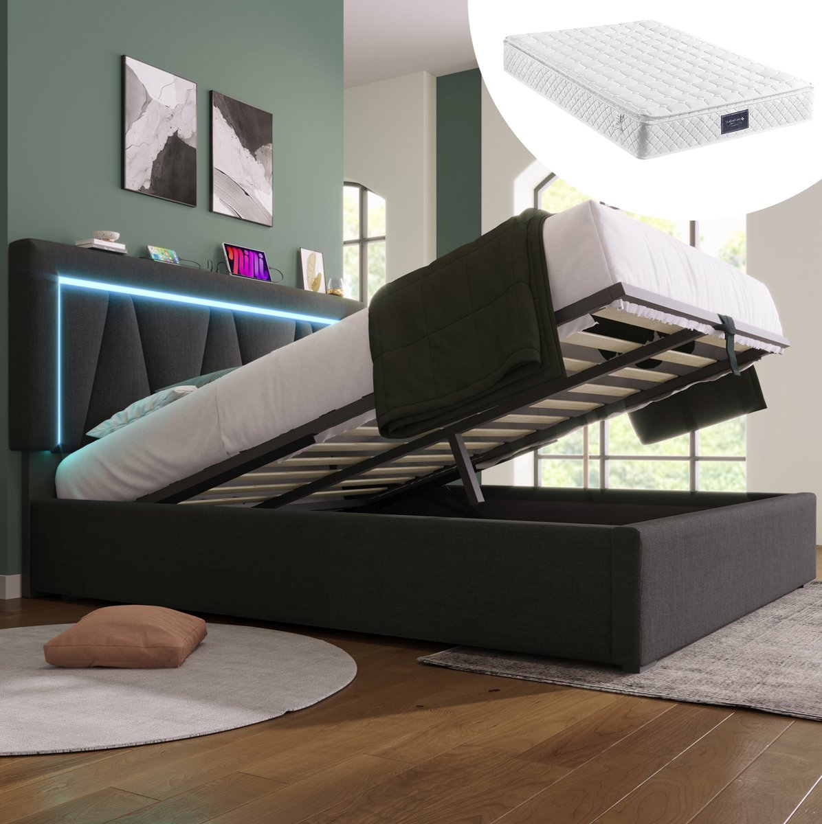 DESMIU Opbergbed 160x200cm Met Matras - Led Verlichting En Usb Type C Oplaadfunctie - Hoogteverstelbaar Hoofdbord - Grijs Grey