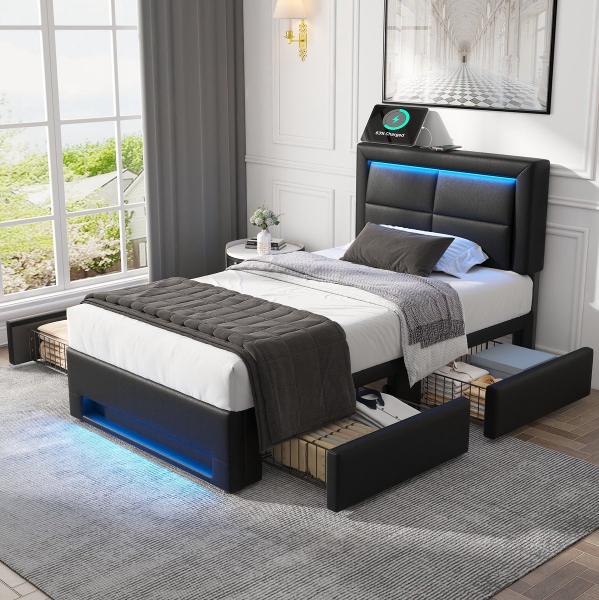 Gestoffeerd Bed 90x200 cm – Met Usb-Laadpunt Voor Draadloos En Bekabeld Laden – Led-Verlichting – 4 Lades – Voor Volwassenen – Kunstleer – Zwart – Zonder Matras