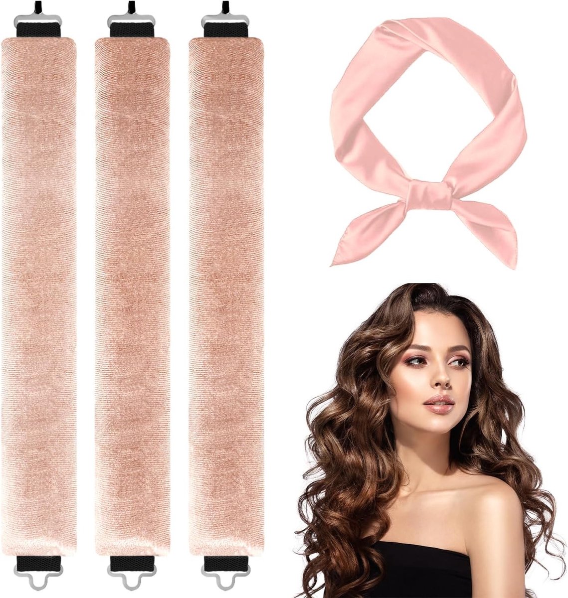 Set van 3 Haar Krultangen en Nachtrollers zonder Hitte - Haarband voor Zachte Krullen, Salon Waves en Verstelbare Styling Kit in Roze