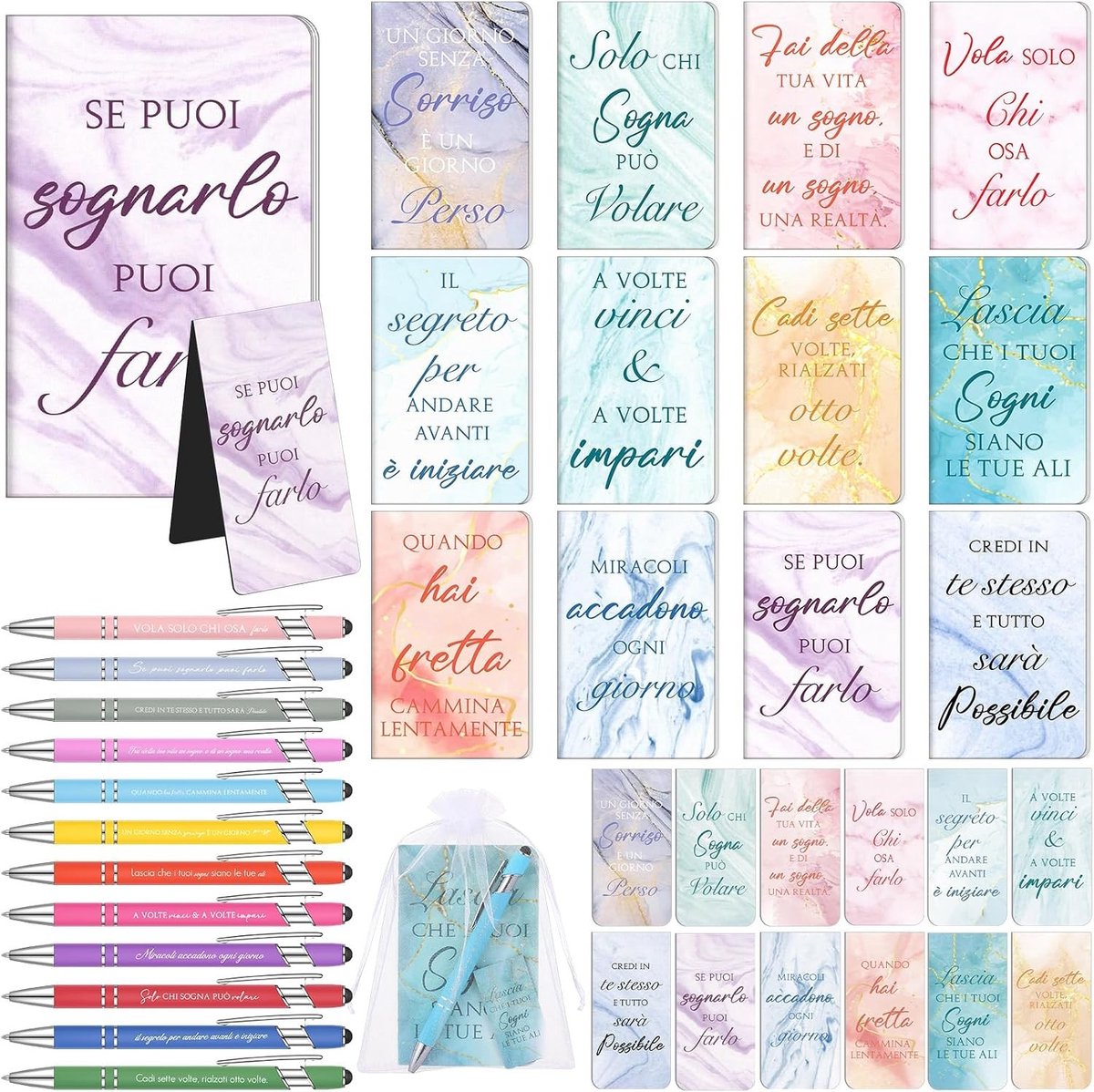 Set van 12 Inspirerende Magnetische Boekenleggers, Mini Notebooks en Kleurige Balpennen - Perfecte Cadeaus voor Collega's, Vrienden en Leraren bij Afstuderen