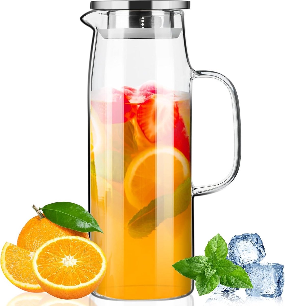 Glazen Waterkan met Deksel en Tuit 1.5L, Ideaal voor Iced Tea, Sap en Melk, Makkelijk Schoon te Maken en Geschikt voor Koelkast