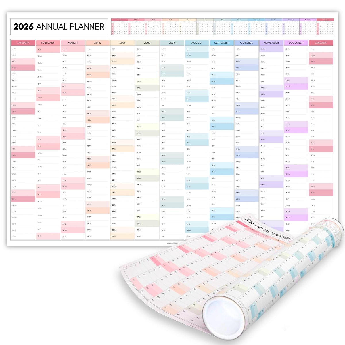SnelShoppen - 2026 Maandelijkse Muurplanner A2, 60 cm x 42 cm, Kleurrijke Regenboog Wandkalender 2026, Jaarplanner voor Kantoor, Universiteit, School,