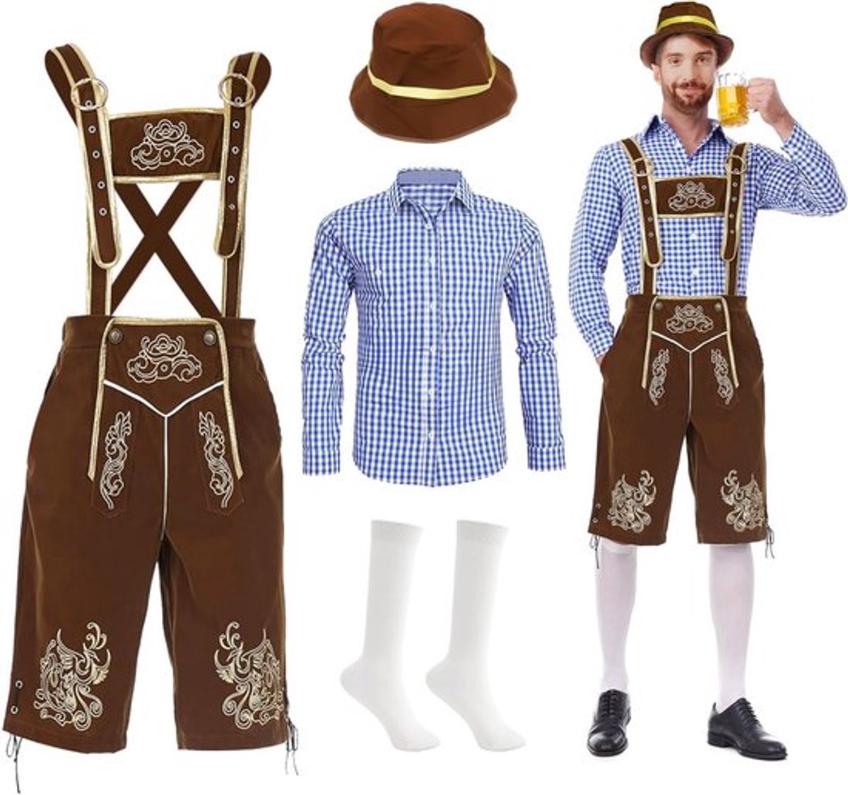 Oktoberfest Kostuum voor Mannen met Leren Broek, Shirt, Sokken en Hoed - Bavarian Outfit voor Feest en Cosplay