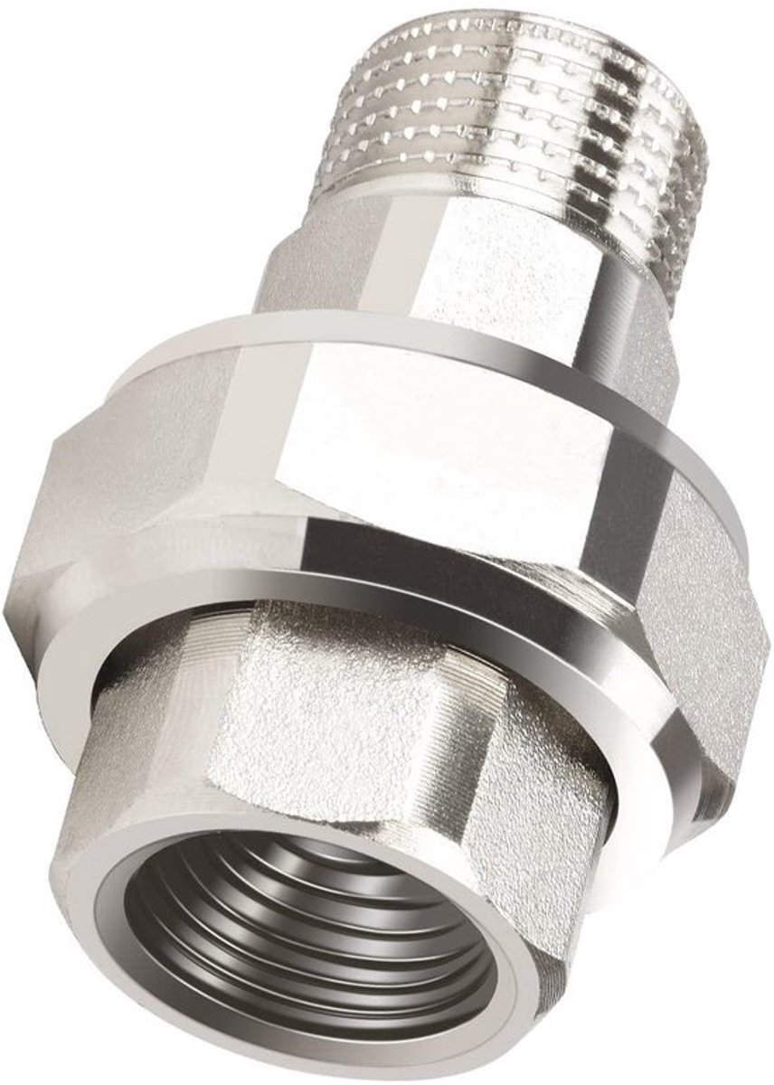 Schroefaansluiting met 1/2 inch IG/AG, vernikkeld koper, conisch afdichtend, duurzaam materiaal.