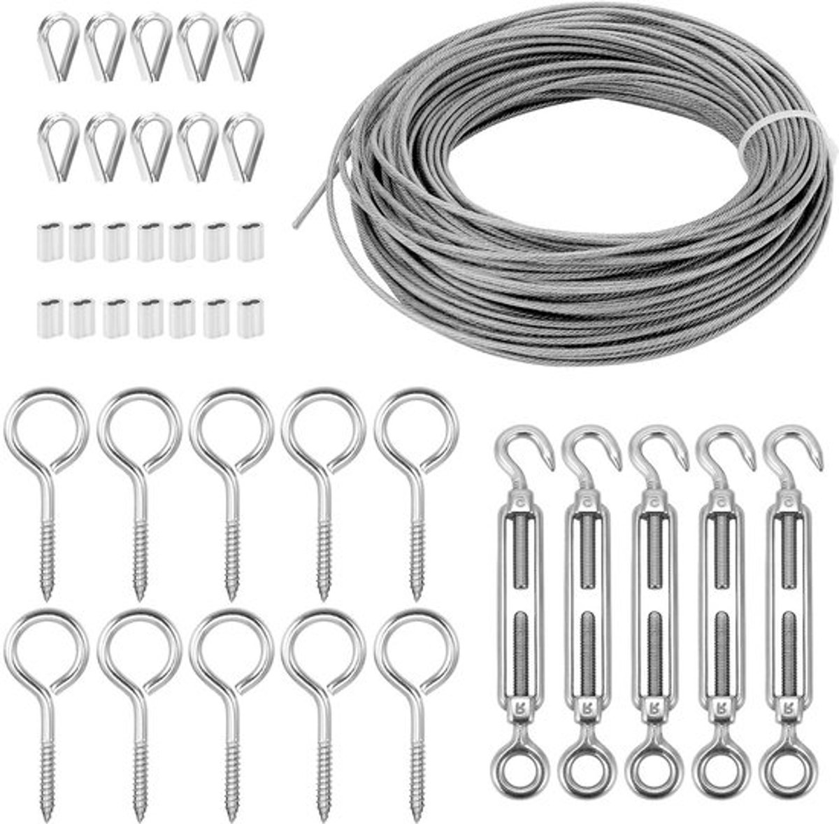 Spanningskabelset 30 m/2 mm - roestvrijstalen draad met PVC-coating, M5-spanner en oogjes - weersbestendig en roestvrij voor tuin en DIY-projecten