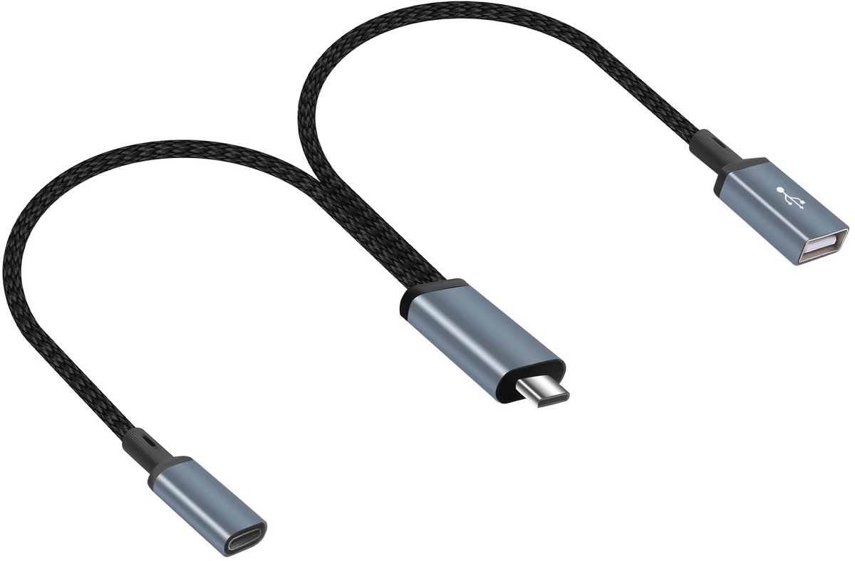 SnelShoppen - USB-C naar USB-C Oplaadkabel met USB-A Poort - 20 cm - USB 2.0 Female - Ideaal voor Thuis, Kantoor en Reizen - Snelle Dataoverdracht en